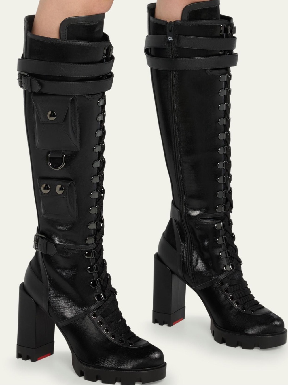 CHRISTIAN LOUBOUTIN SAND AND GLORY BLACK LEATHER LACE UP KNEE HIGH BOOTS SZ 37